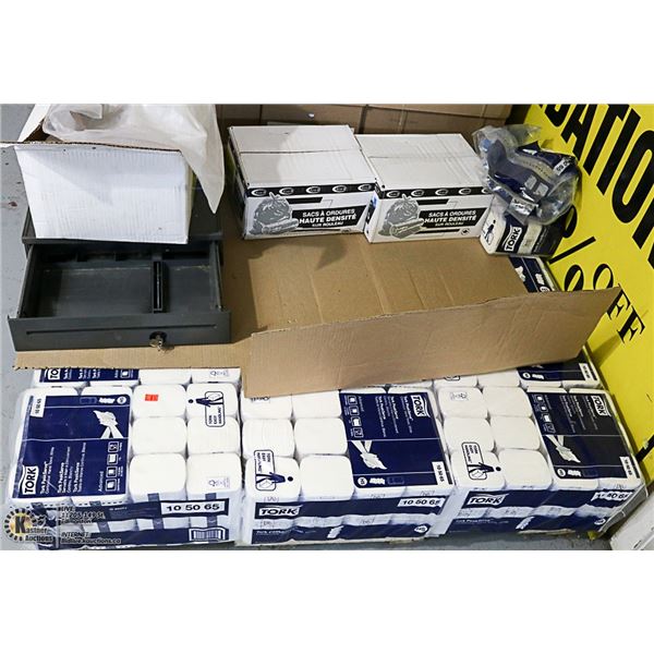 PALLET OF TORK HAND TOWELS, CLEAR BAGS AND CASH