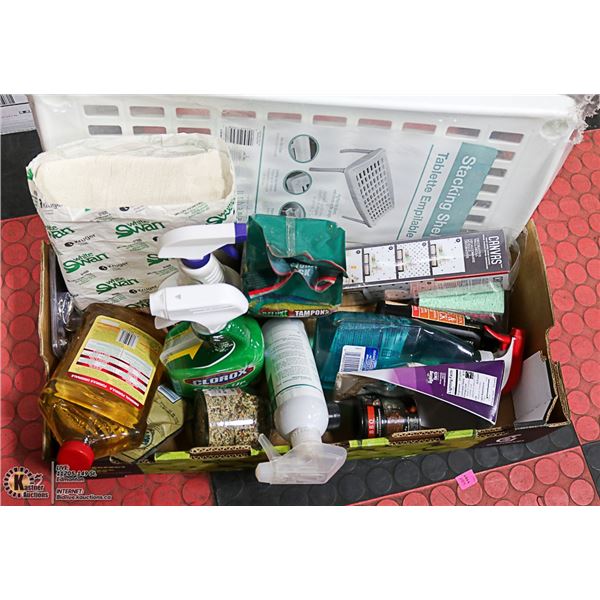 BOX W/ HOUSEHOLD ITEMS INCL. STACKING