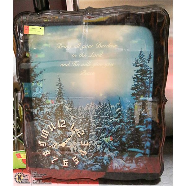 BLUE PICTURE CLOCK. WORKS, 19 X 22