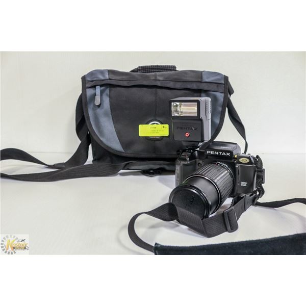 PENTAX SF1 CAMERA W/ 45-125 ZOOM LENS, FLASH, BAG,