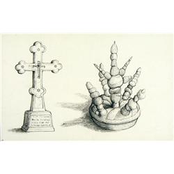William Kurelek - WHITE WASHED CEMETERY CROSS AND FUNERAL TID BITS OFFERING