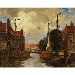 Cornelis Anthonij van Waning - UNTITLED (BOATS ON A DUTCH CANAL)