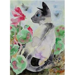 Yone Young - CAT WITH TULIP/UNTITLED (CAT WITH FLOWERS)