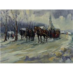Ernest Marza - UNTITLED (HORSE-DRAWN SLEIGH BY THE CHURCH)