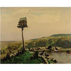 Alfred Crocker Leighton - UNTITLED (BIRDHOUSE AND DUCK POND OVERLOOKING THE FOOTHILLS)