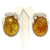 Image 1 : Vintage 18k White Gold Large Oval Amber Diamond Omega Earrings w/ Flower Etching
