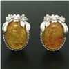 Image 2 : Vintage 18k White Gold Large Oval Amber Diamond Omega Earrings w/ Flower Etching