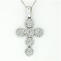 New 14kt White Gold 0.85 ctw Ideal Cut Diamond Multi Circle Cluster Cross Pendan