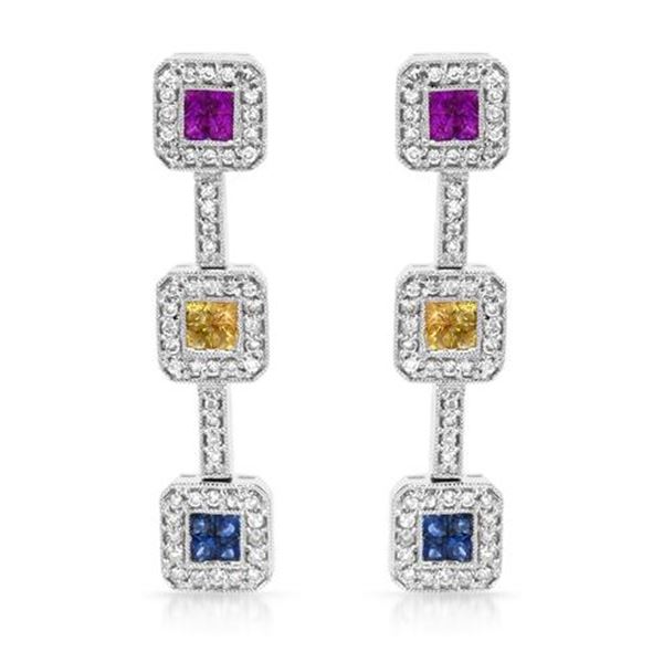 Natural 2.09 CTW Multi-Sapphire & Diamond Earrings 14K White Gold - REF-142H2W