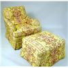 Image 1 : A CONTEMPORARY RED,YELLOW, AND WHITE UPHOLSTERED CLUB CHAIR AND OTTOMAN