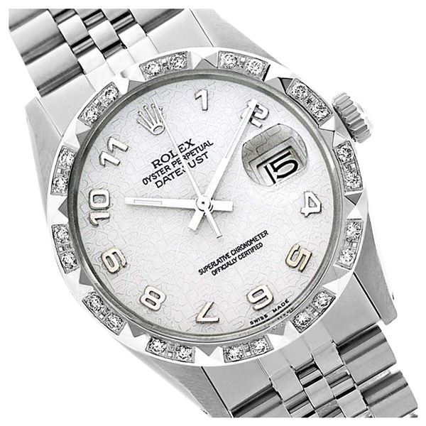 Rolex Men's Stainless Steel, QuickSet, Arabic Dial with Pyrimid Diam Bezel  - REF-509W5H