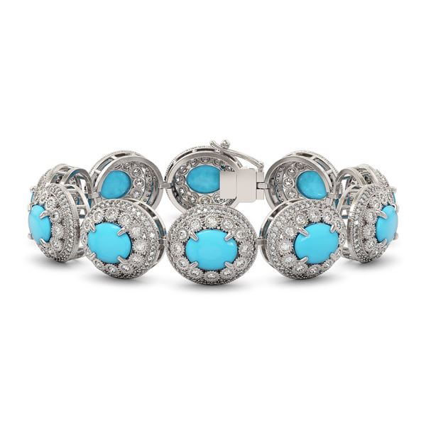 38.17 ctw Turquoise & Diamond Victorian Bracelet 14K White Gold - REF-1179M3G