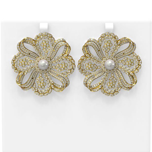 9 ctw Diamond & Pearl Earrings 18K Yellow Gold - REF-801M8G