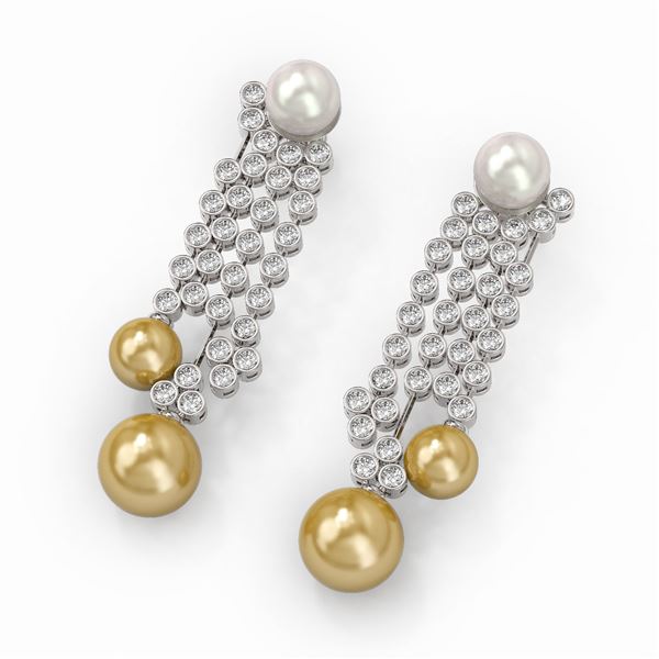 5.76 ctw Diamond Designer Pearl Earrings 18K White Gold - REF-447M5G