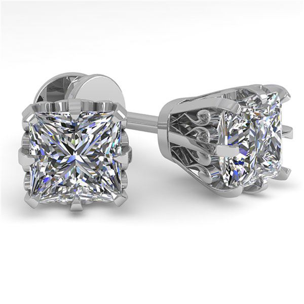 1.0 ctw VS/SI Princess Diamond Stud Solitaire Earrings 18k White Gold - REF-147G2W