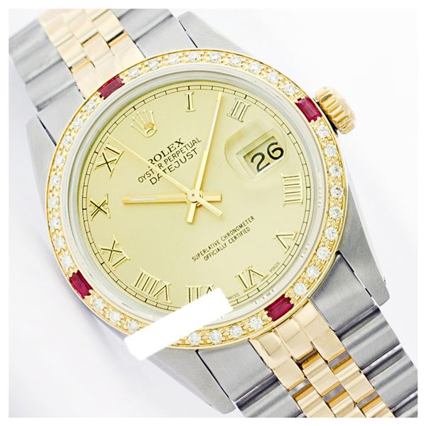 Rolex Ladies Two Tone 14K Gold/SS, Roman Dial & Diam/Ruby Bezel, Sapphire Crystal - REF-428T6K