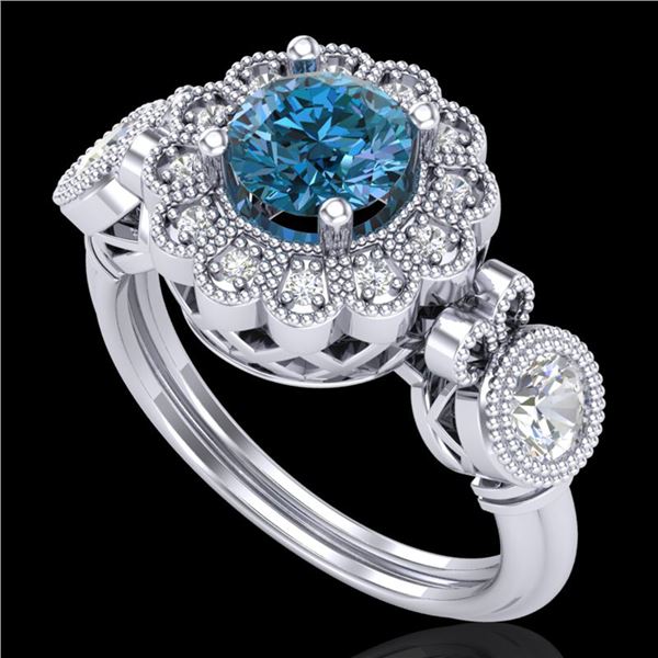 1.5 ctw Intense Blue Diamond Art Deco 3 Stone Ring 18k White Gold - REF-218W2H