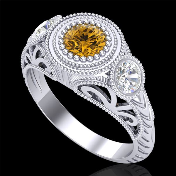 1.06 ctw Intense Fancy Yellow Diamond Art Deco Ring 18k White Gold - REF-154X5A