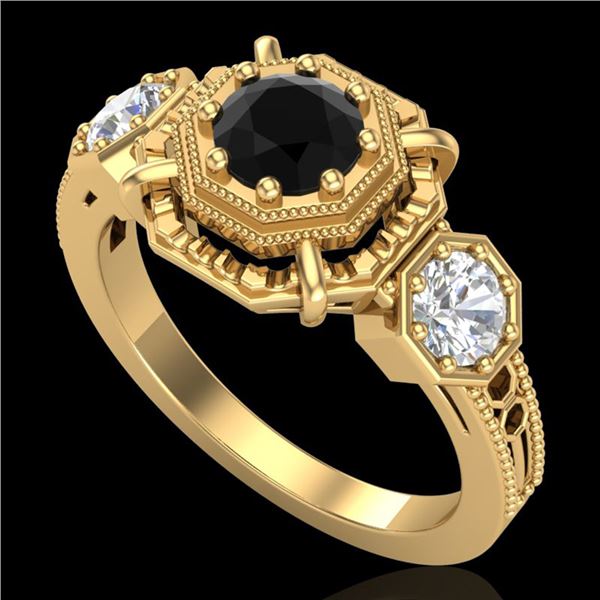 1.01 ctw Fancy Black Diamond Art Deco 3 Stone Ring 18k Yellow Gold - REF-96Y4X