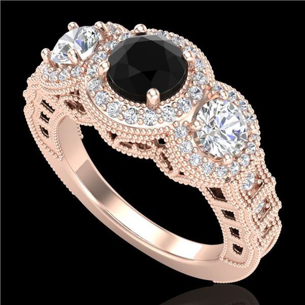 2.16 ctw Fancy Black Diamond Art Deco 3 Stone Ring 18k Rose Gold - REF-254A5N