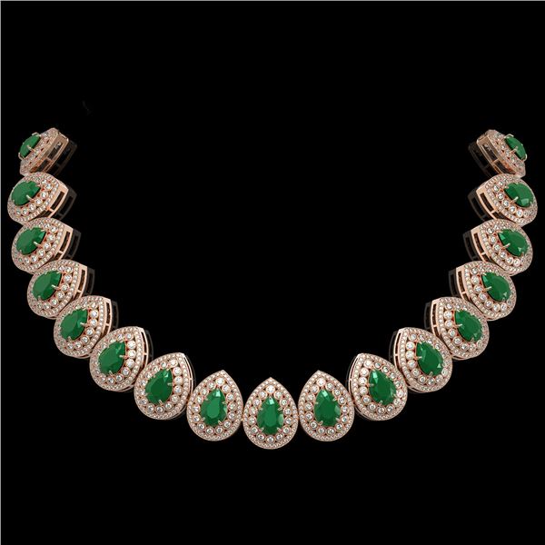 121.42 ctw Emerald & Diamond Victorian Necklace 14K Rose Gold - REF-3909G3W