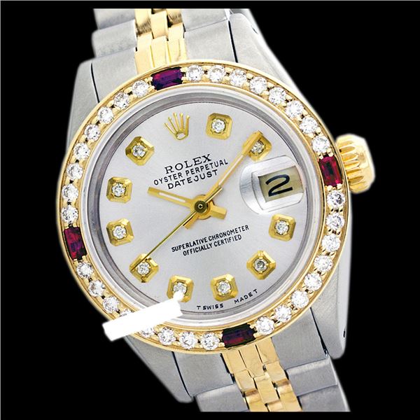 Rolex Men's Two Tone 14K Gold/SS, QuickSet, Diam Dial & Diam/Ruby Bezel