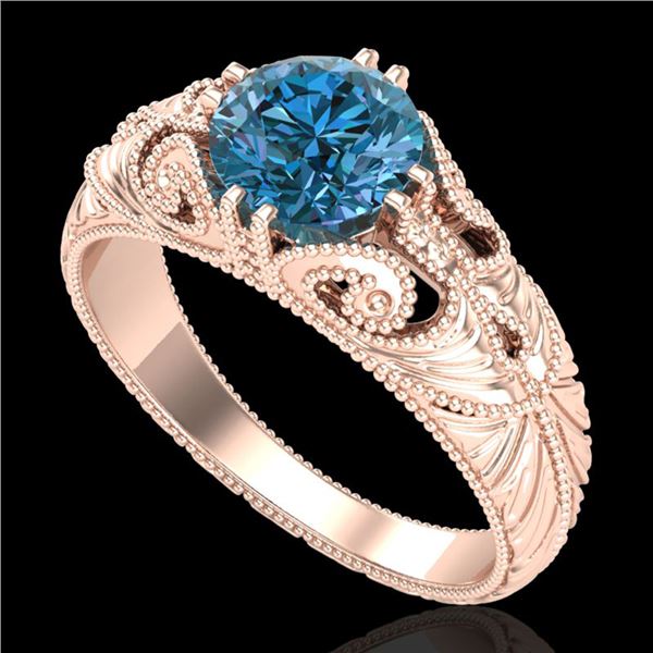 1 ctw Intense Blue Diamond Engagment Art Deco Ring 18k Rose Gold - REF-180F2M