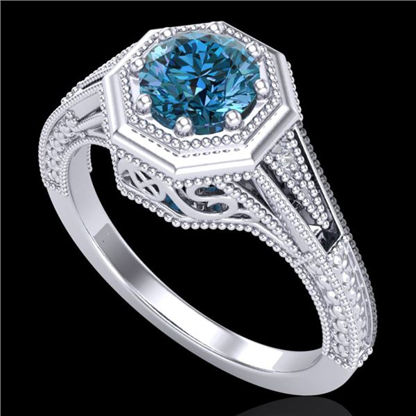 0.84 ctw Fancy Intense Blue Diamond Art Deco Ring 18k White Gold - REF-161F8M