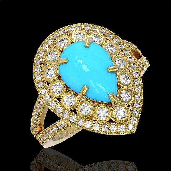 4.02 ctw Turquoise & Diamond Victorian Ring 14K Yellow Gold - REF-123H6R