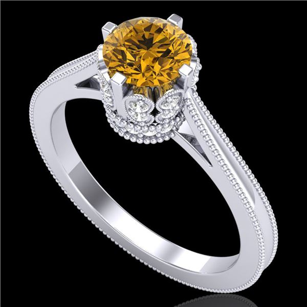 1.14 ctw Intense Fancy Yellow Diamond Art Deco Ring 18k White Gold - REF-218A2N