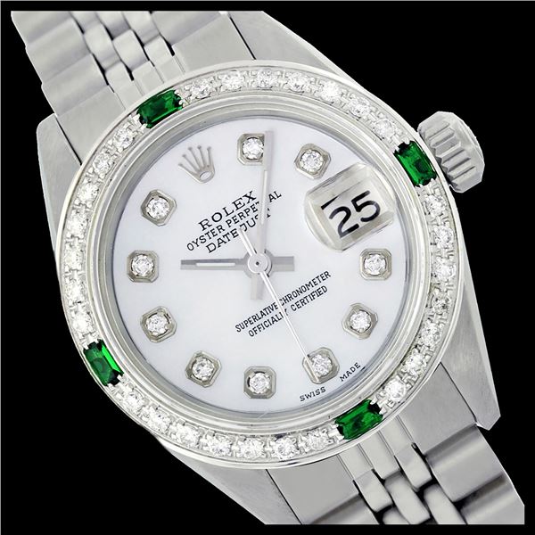 Rolex Ladies Stainless Steel, Diam Dial & Diam/Emerald Bezel, Sapphire Crystal