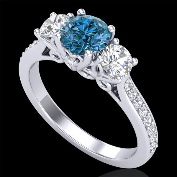 1.67 ctw Intense Blue Diamond Art Deco 3 Stone Ring 18k White Gold - REF-200N2F