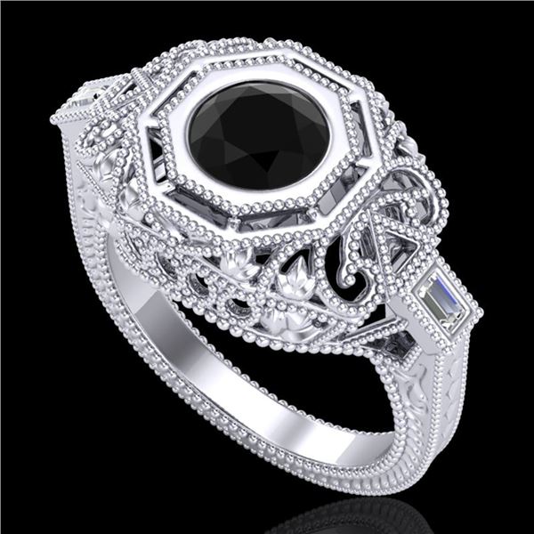 1.13 ctw Fancy Black Diamond Engagment Art Deco Ring 18k White Gold - REF-140K2Y