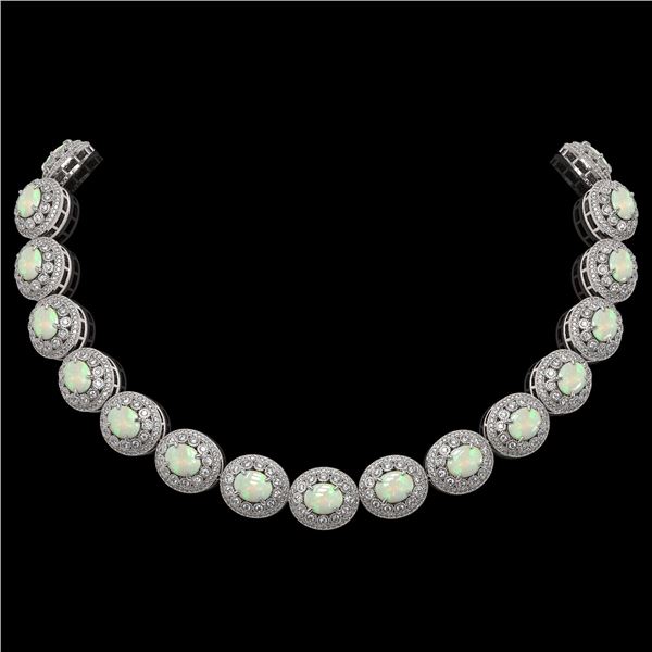 91.75 ctw Certified Opal & Diamond Victorian Necklace 14K White Gold - REF-3090M4G