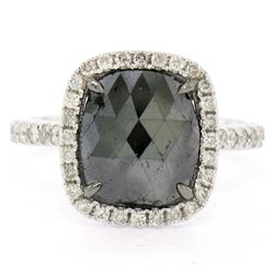 14K White Gold 3.12 ctw Checkerboard Cushion Cut Black & White Diamond Halo Ring