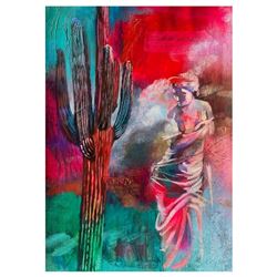 Elli Milan, "Statue & Cactus" Hand Signed Original Painting with COA.