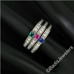 Set of 3 Stackable 18kt White Gold Emerald Ruby Sapphire and Diamond Band Rings