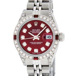 Rolex Ladies Stainless Steel Diamond Lugs & Ruby Datejust Wristwatch 36MM