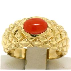 14k Yellow Gold Oval Cabochon Bezel Set Coral Domed Quilted Texture Ring