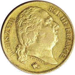 France: Louis XVIII gold 20 Francs 1824-MA, KM71