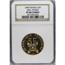 France: Republic gold 5 Francs 1989 Eiffel Tower