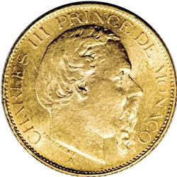 Monaco: Charles III gold 20 Francs 1878A, KM98,