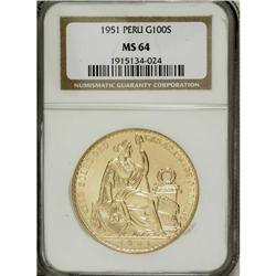 Peru: Republic gold 100 Sols 1951, KM-231, MS64