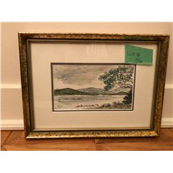 Mountain/River Sketch, Professionally framed, 4” x 6” print framed with 9” x 7” mat, sign NH’86, NH 