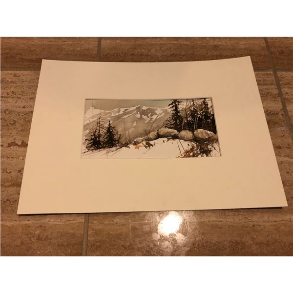 Mountain Range print, 8” x 4” in 14” x 10” mat, no frame, illegible signature, Fallen Tree print, 8”