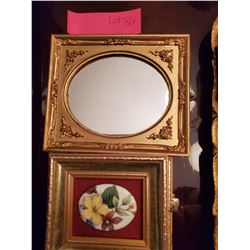 3 Framed Flower Pattern Printed on Oval Wood & Framed Mirror