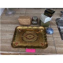 Misc. Home Décor Items - Decorative Tray, Brass Jar, Wicker trinket Basket, Paper Weight, Glass Bird
