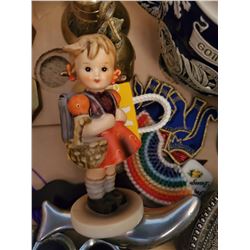 Misc. Box of Hummel Figurine "School Girl", 6 brass candle holders, pewter vase, brass key, 3 Brass 