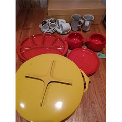 Vintage Dutch Oven, 2 Espresso Sets, 6 Stoneware Mugs, 6 Piece Stoneware Red Glazed Serving Set
