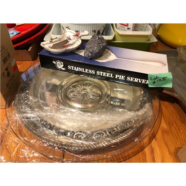 Silver Plated Pie Server, China Condament Dish, 1 Piece of Pyrite, 2 Silver Plated Serving Dishes, 1